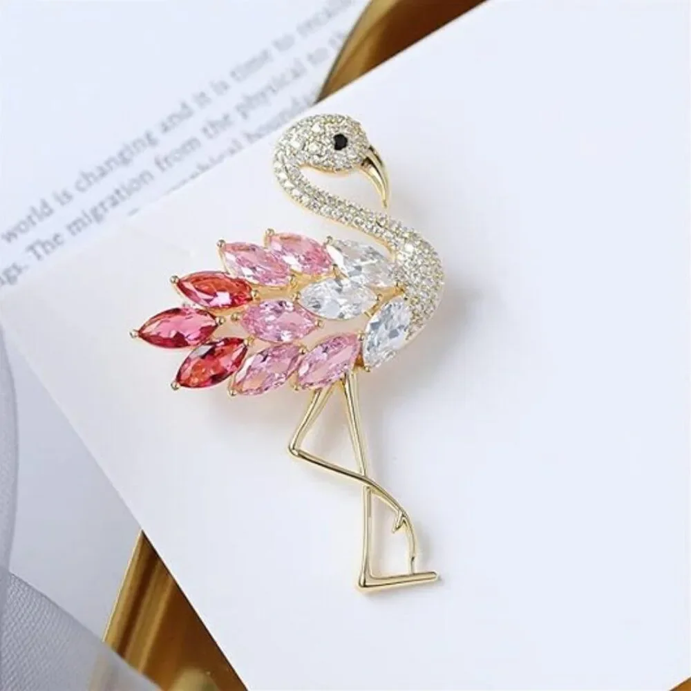 Flamingo Brooch Pin Pink & Clear Rhinestones & Crystals Delicate Animal Bird Pin